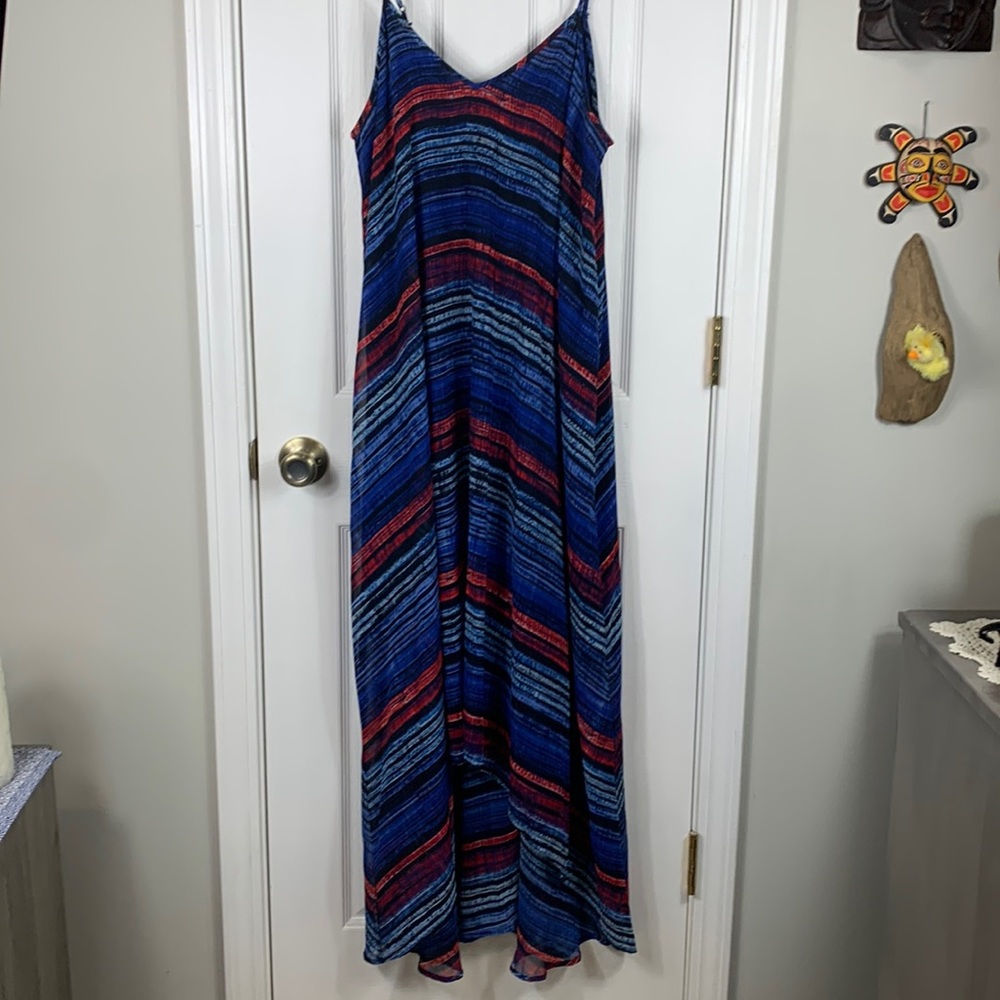 a.n.a. Maxi spaghetti adjustable straps dress large. Blues, reds, oranges.